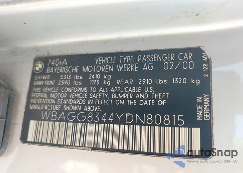 2000 BMW 740Ia z USA, uszkodzony, nr VIN WBAGG8344YDN80815